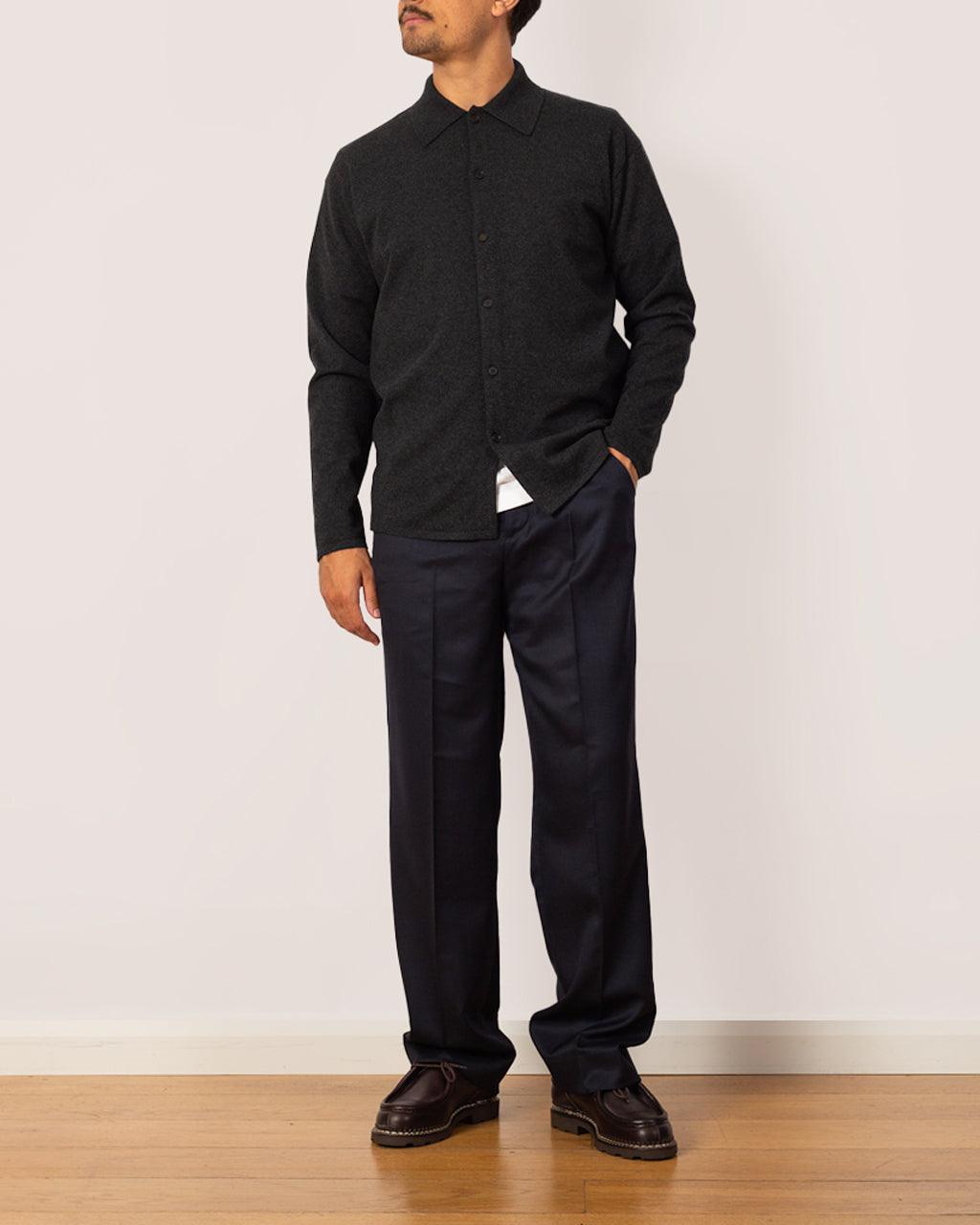 High Twist Wool Knit Shirt Cardigan - Charcoal