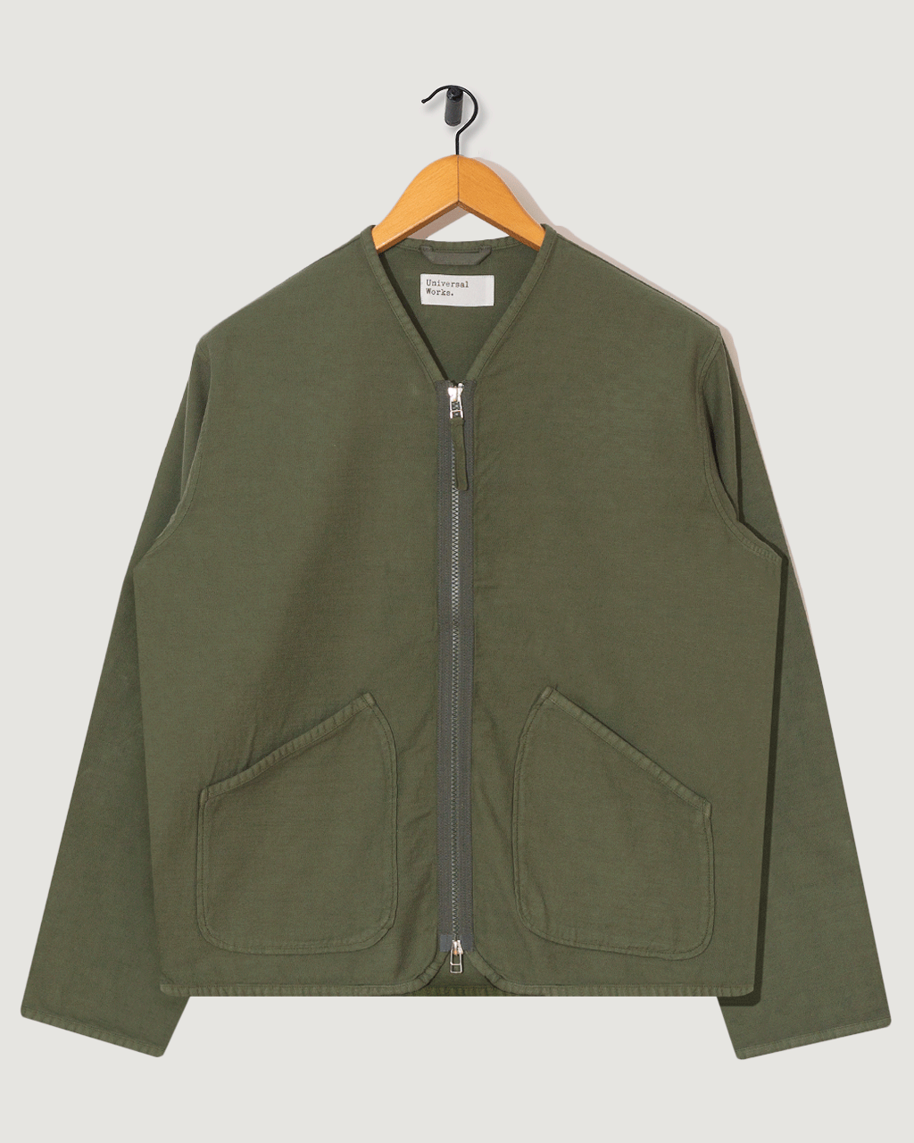 Zip Liner - Olive Slub Sateen | Universal Works | Peggs & son.