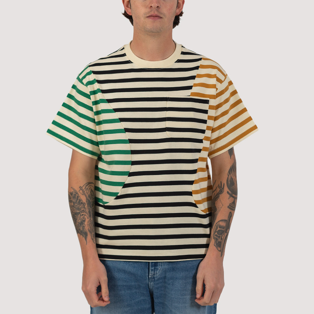 Organic Paneled Stripe S/S T-Shirt - Cream Multi