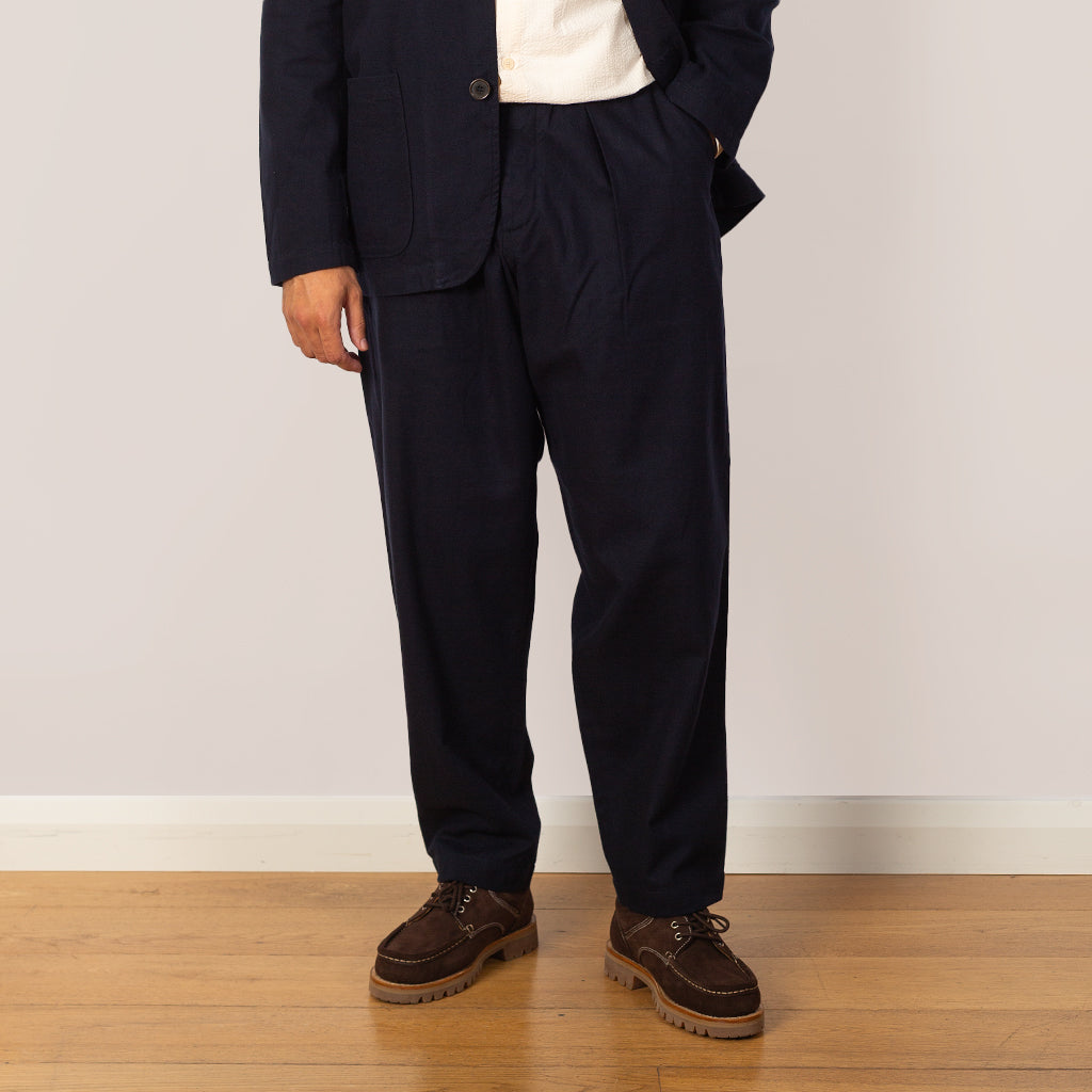 Pleated Track Pant - Navy Brushed Moleskin