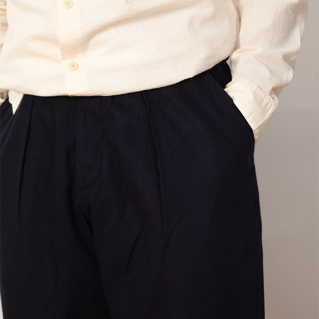 Pleated Track Pant - Navy Brushed Moleskin