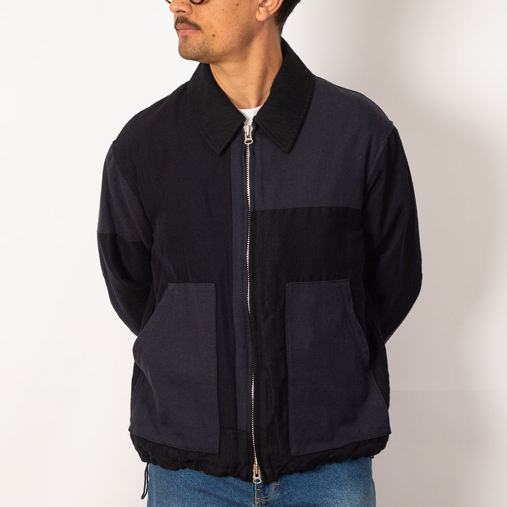 Multi Fabric Patchwork Zip Up Short Jacket - Navy