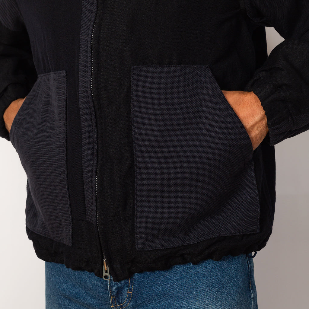 Multi Fabric Patchwork Zip Up Short Jacket - Navy