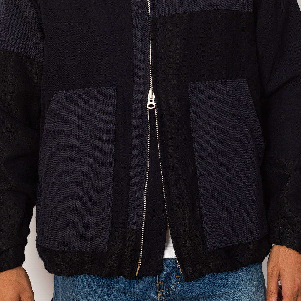 Multi Fabric Patchwork Zip Up Short Jacket - Navy