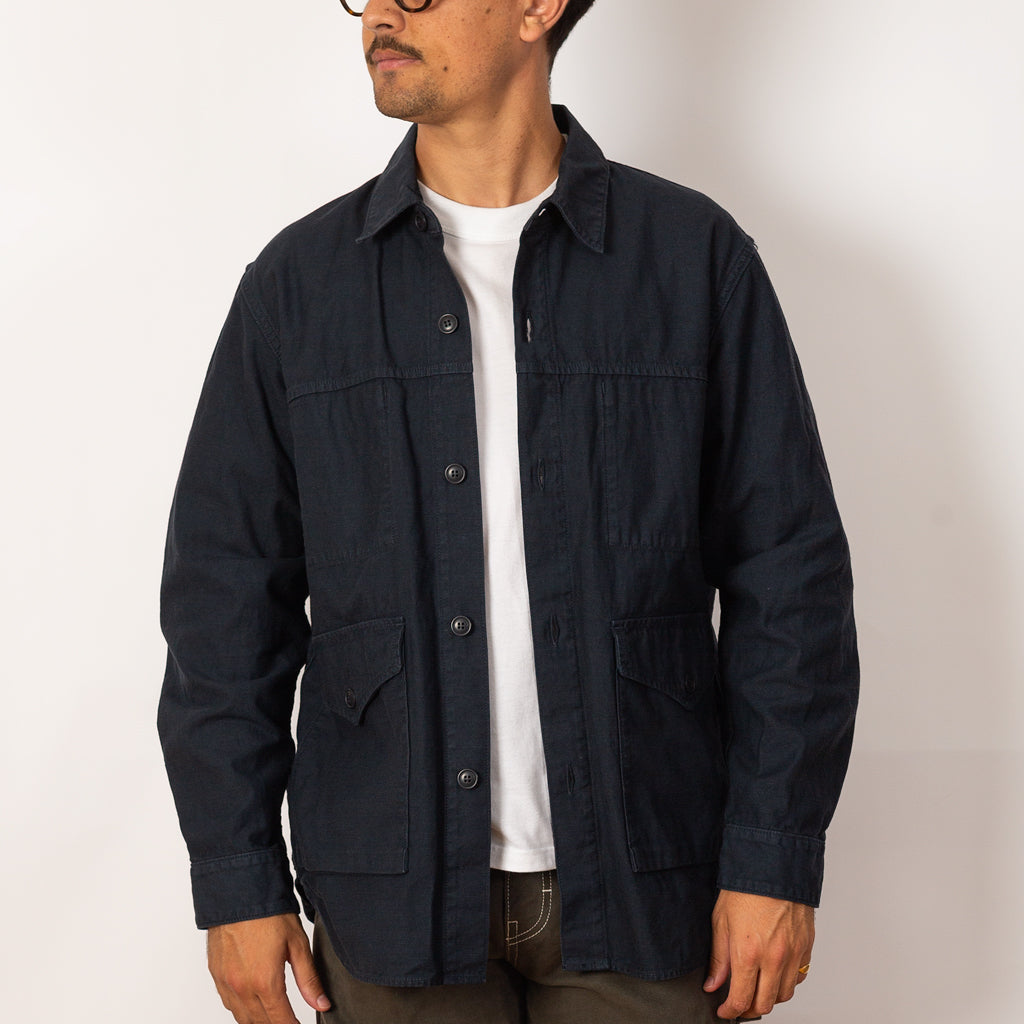 Back Satin Long Shirt Jacket - Navy