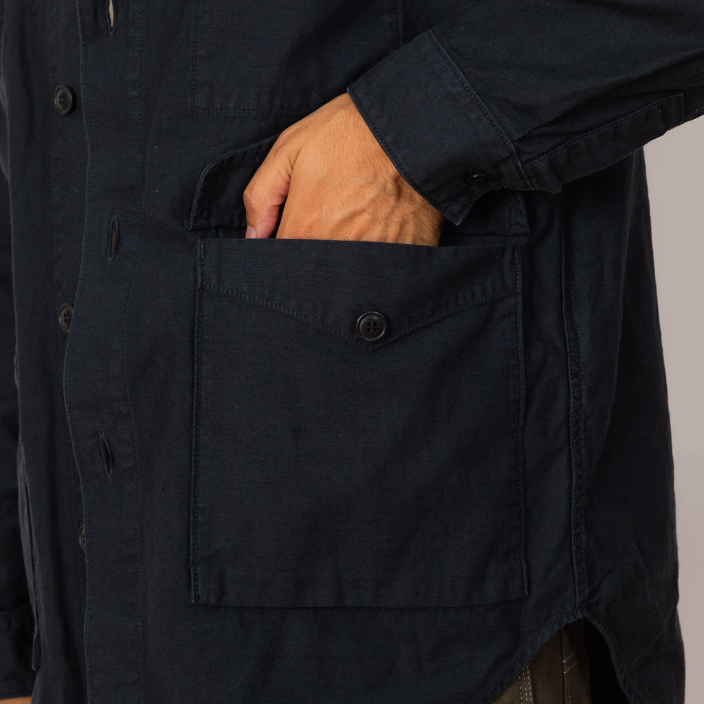 Back Satin Long Shirt Jacket - Navy