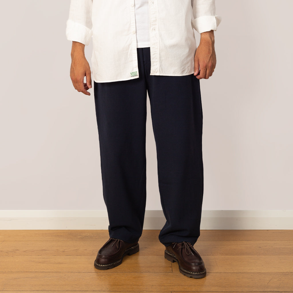 Twill Stretch Single Pleat Wide Easy Pants - Navy