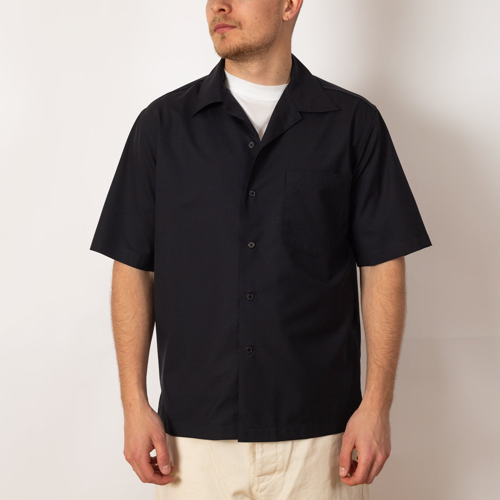 Tropical Wool Open Half Sleeved Shirt - Dark Navy