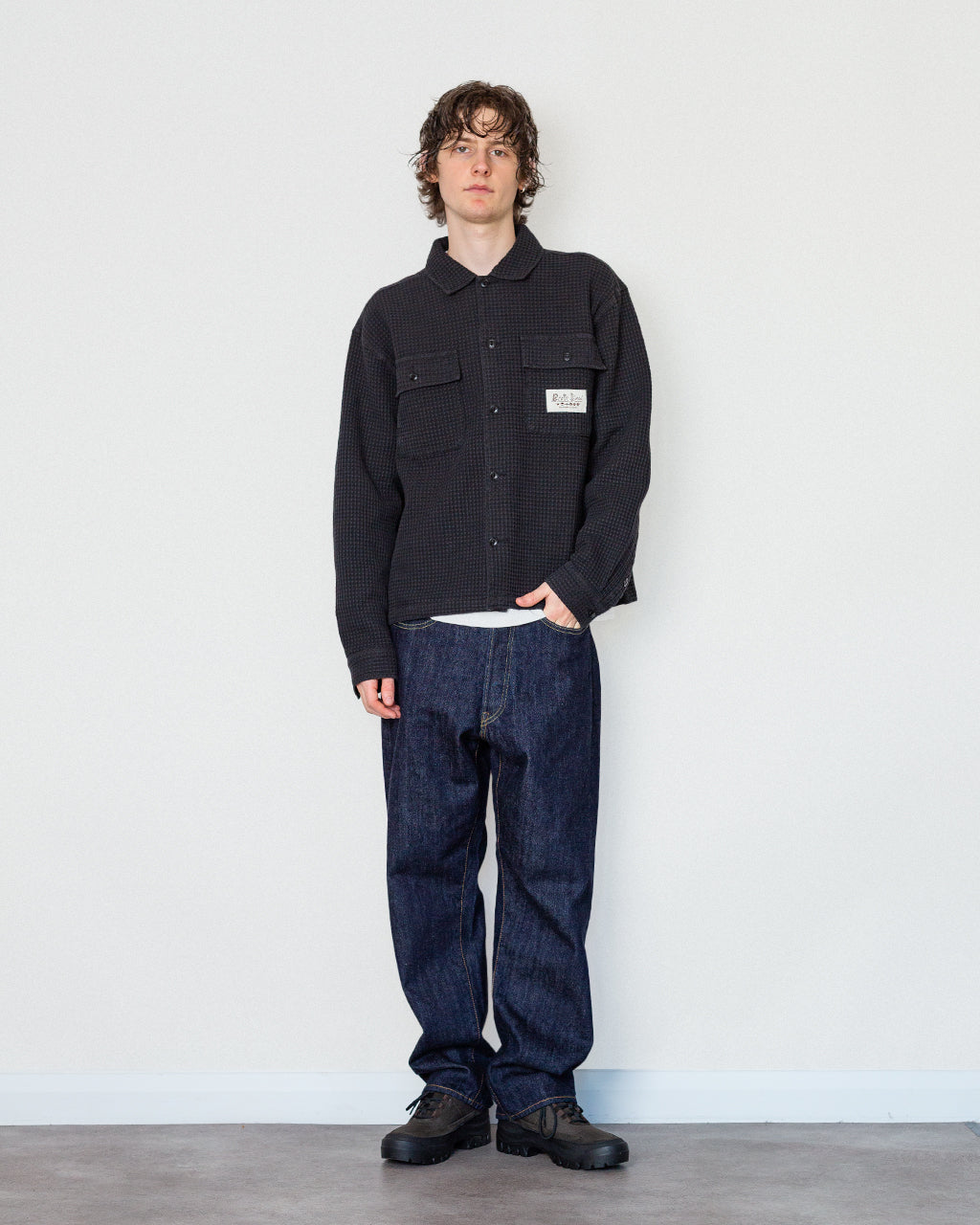 Waffle Button Front Shirt - Black