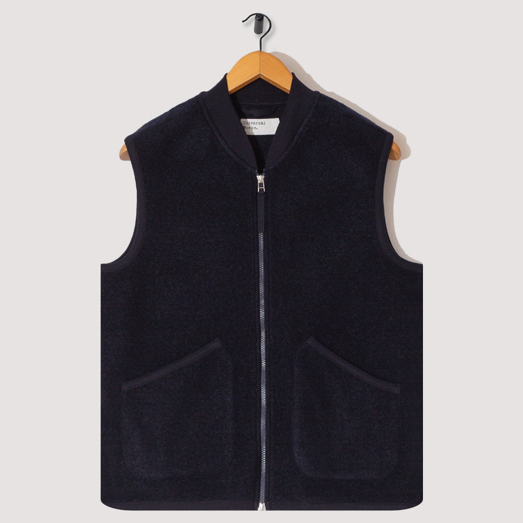 Wool Fleece Zip Waistcoat Navy Universal Works Peggs - Main Image