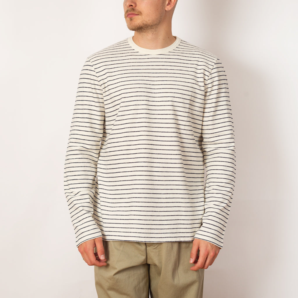 LS Textured Stripe Tee - Ecru Navy