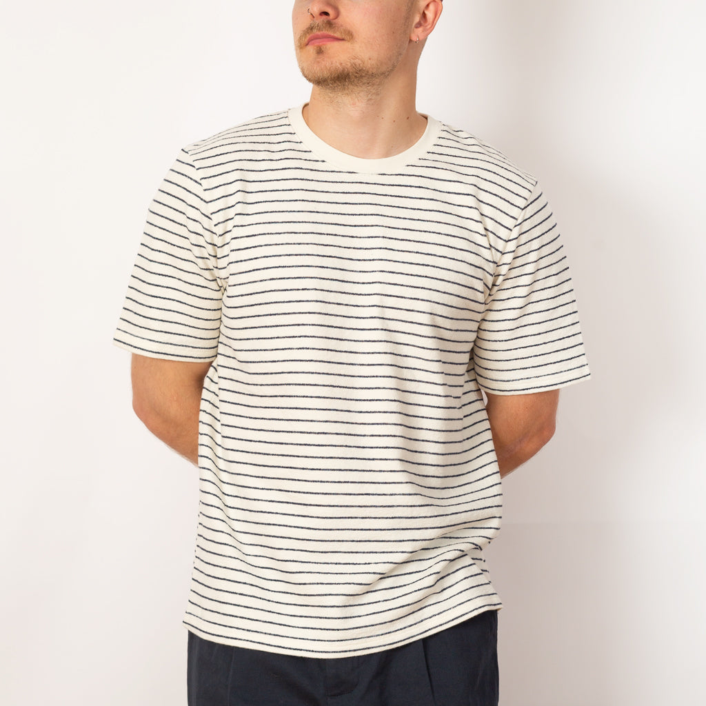 SS Textured Stripe Tee - Ecru Navy