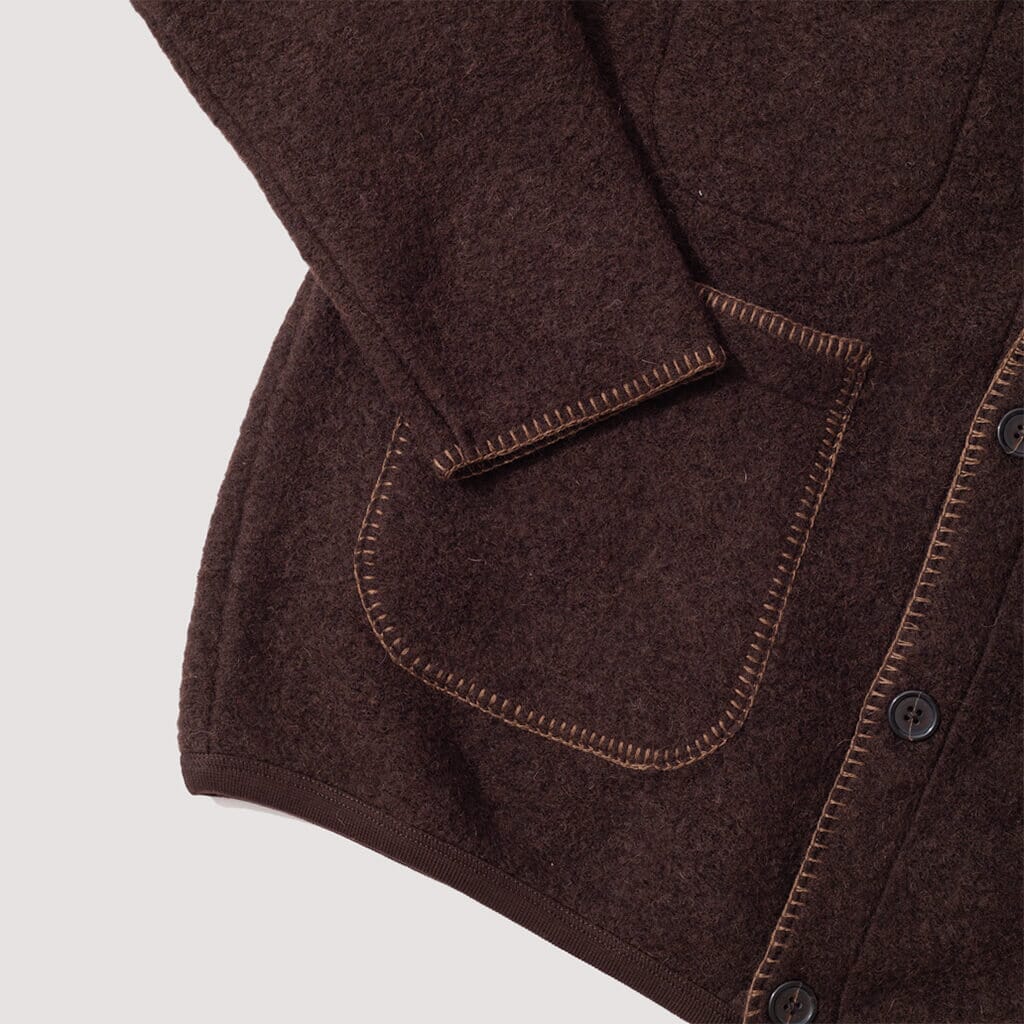 Wool Fleece Blanket Stitch Cardigan - Brown