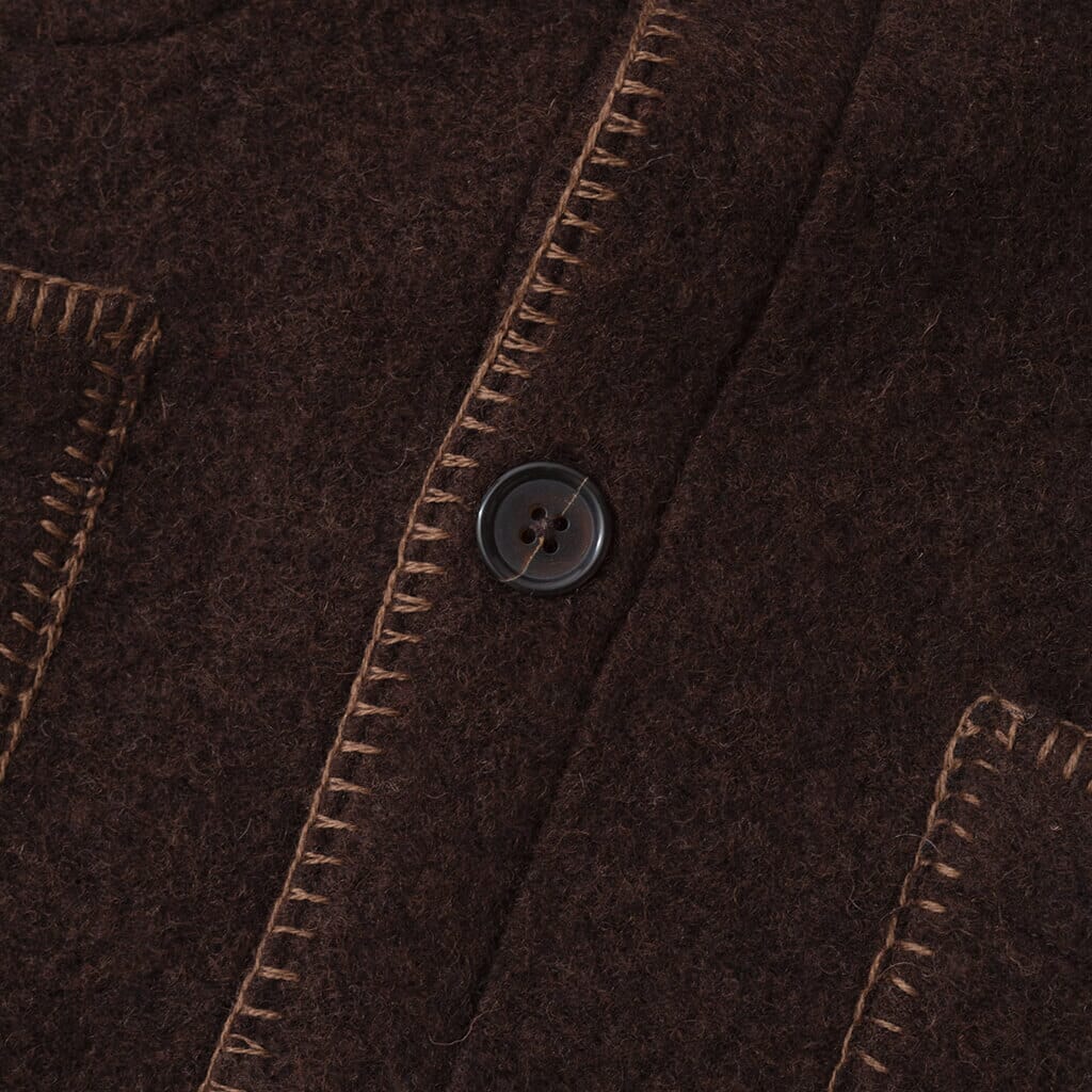 Wool Fleece Blanket Stitch Cardigan - Brown