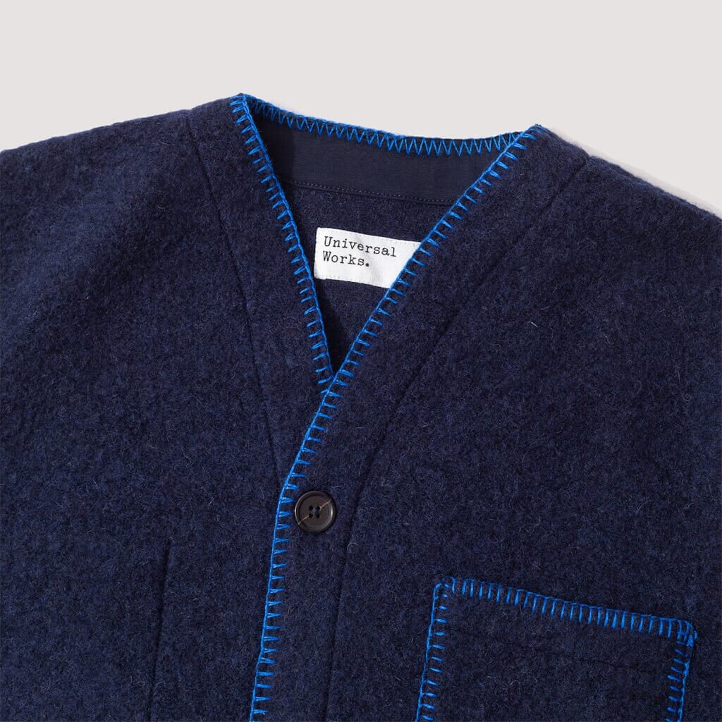 Wool Fleece Blanket Stitch Cardigan - Navy