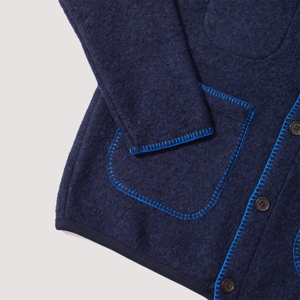 Wool Fleece Blanket Stitch Cardigan - Navy
