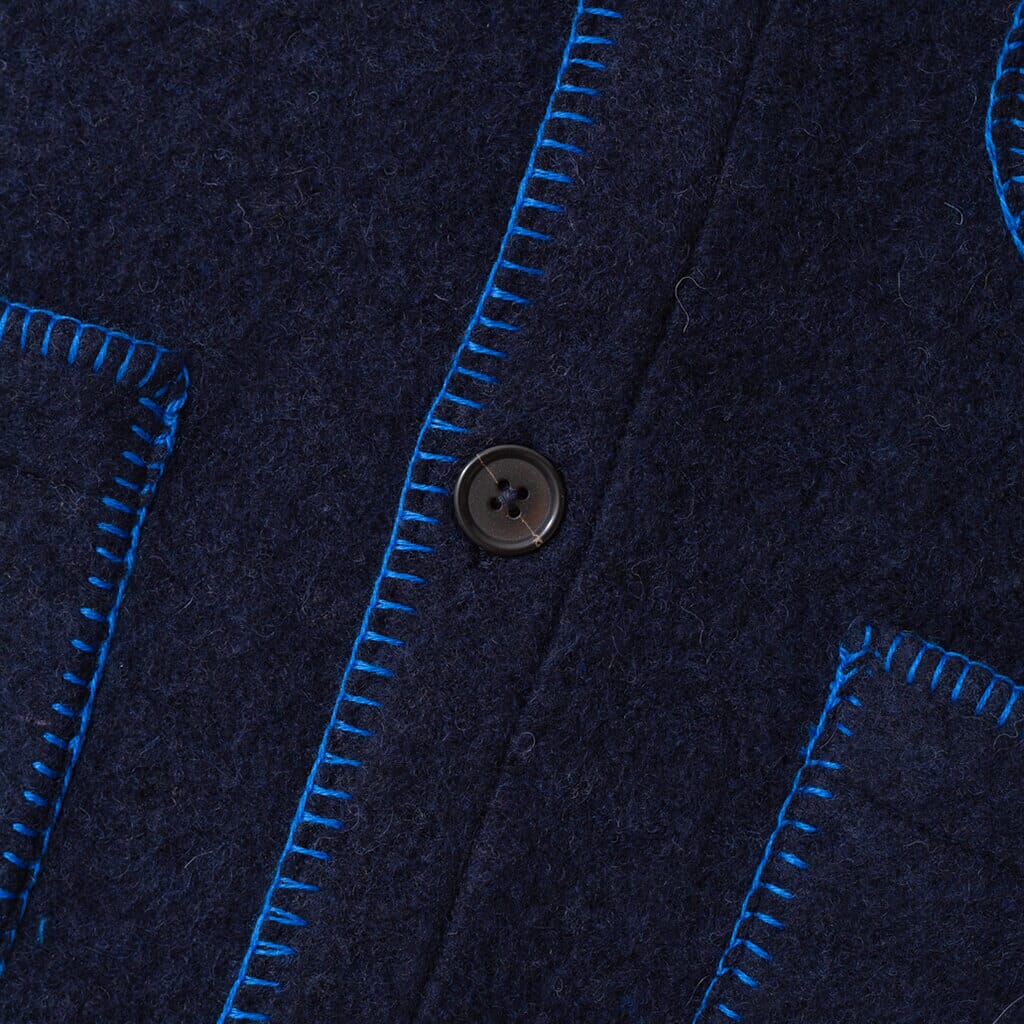 Wool Fleece Blanket Stitch Cardigan - Navy