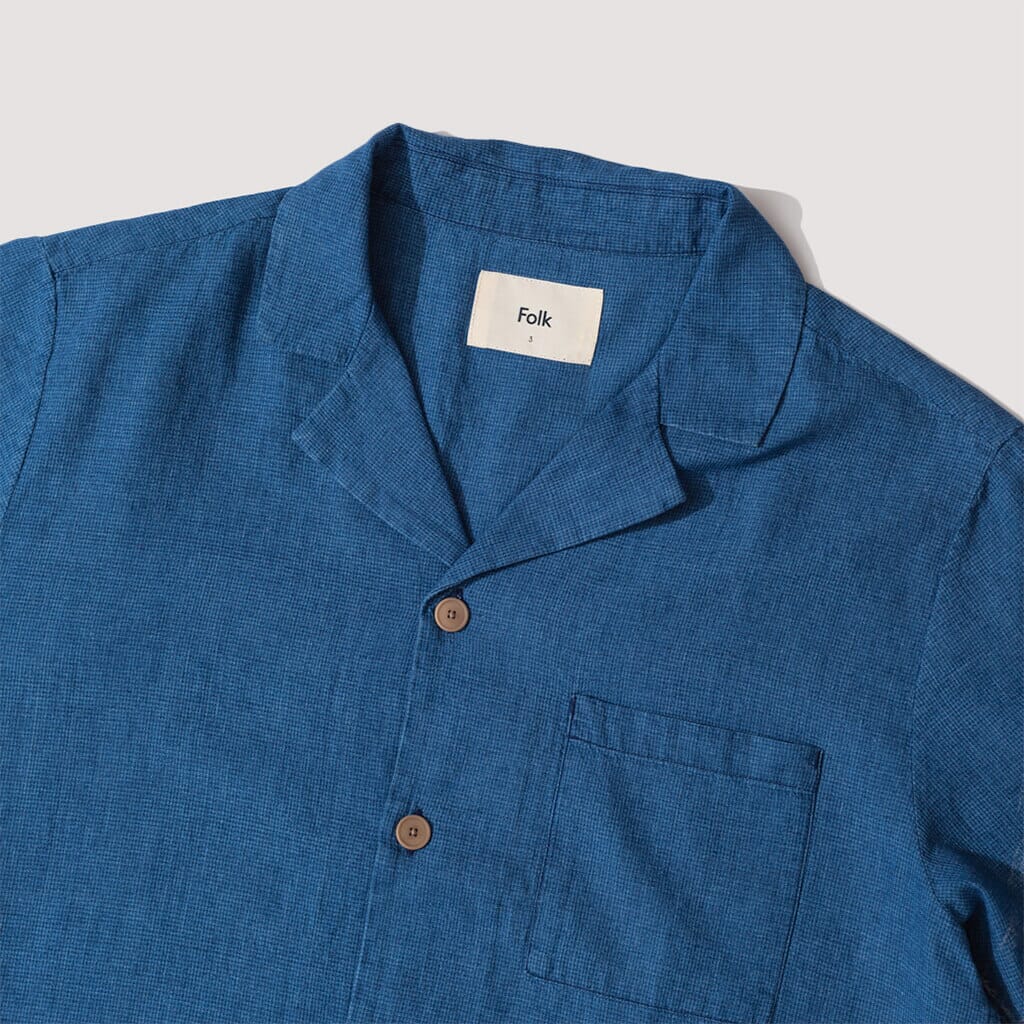 S/S Soft Collar Shirt - Indigo Micro Waffle