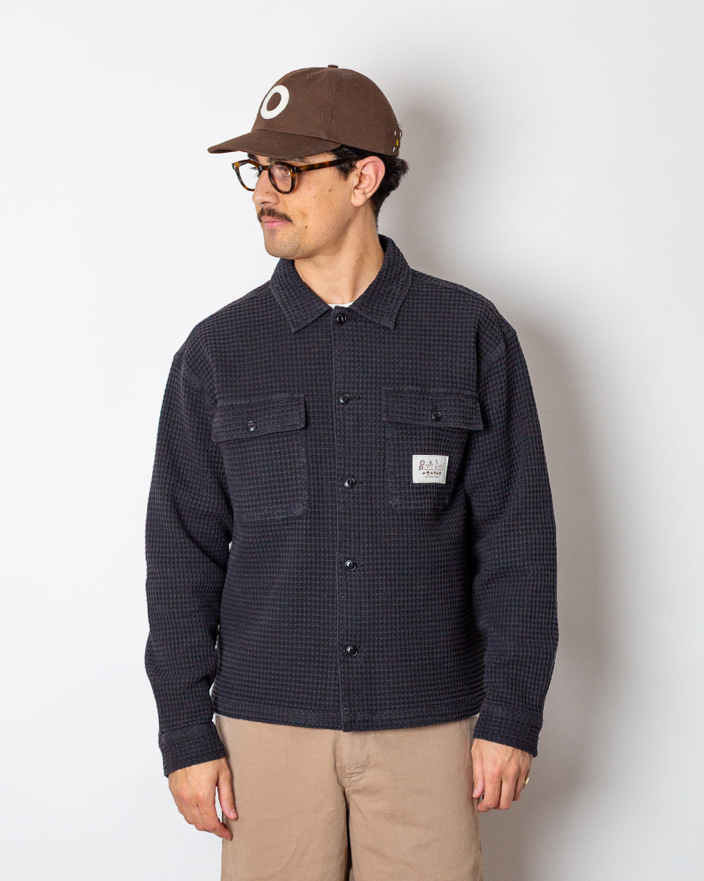 Waffle Button Front Shirt - Black