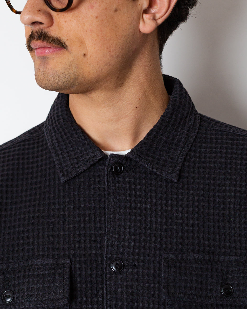Waffle Button Front Shirt - Black