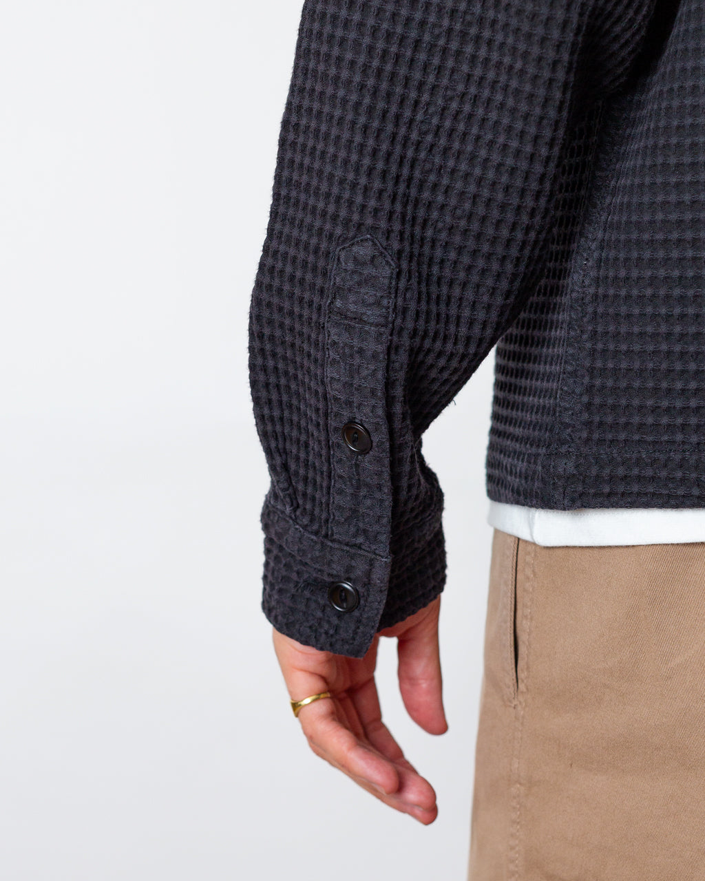 Waffle Button Front Shirt - Black