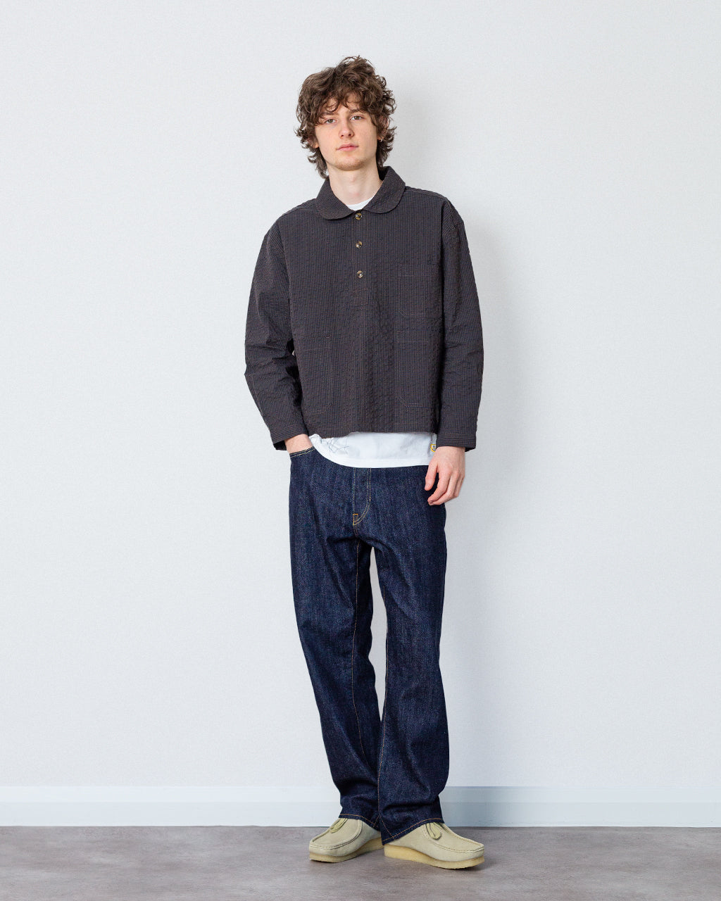 Gingham Round Collar Shirt - Black