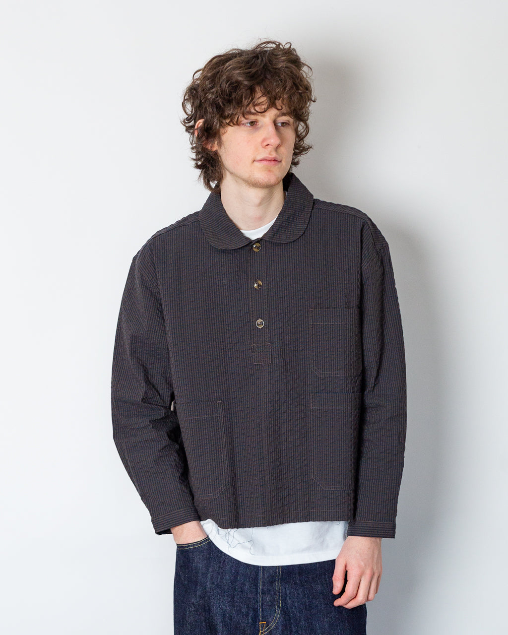 Gingham Round Collar Shirt - Black