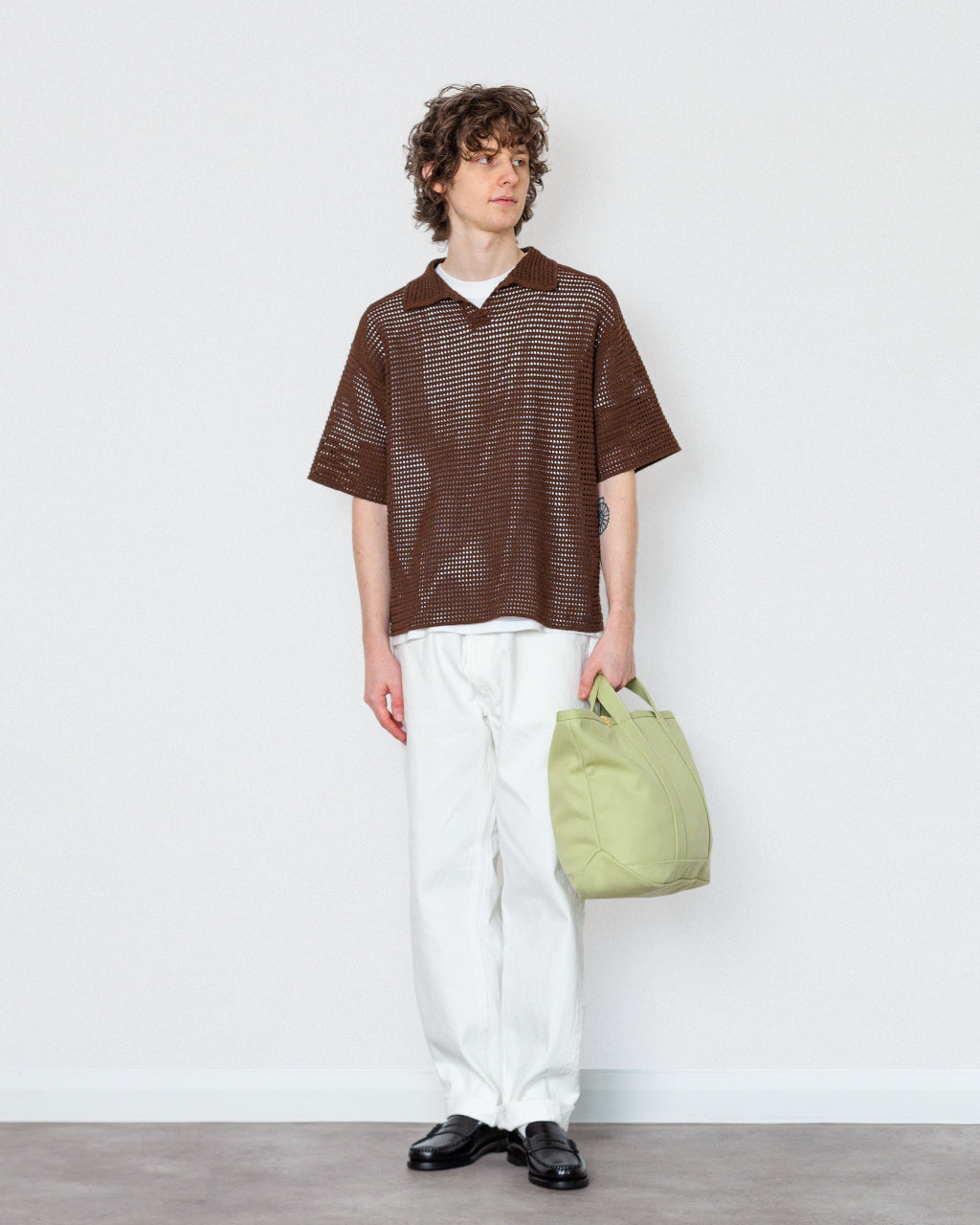 Tussah Silk Cotton Mesh Polo - Brown