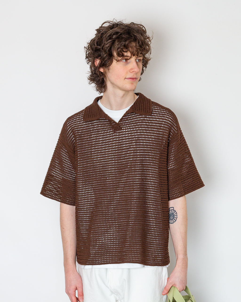 Tussah Silk Cotton Mesh Polo - Brown | Auralee | Peggs & son.