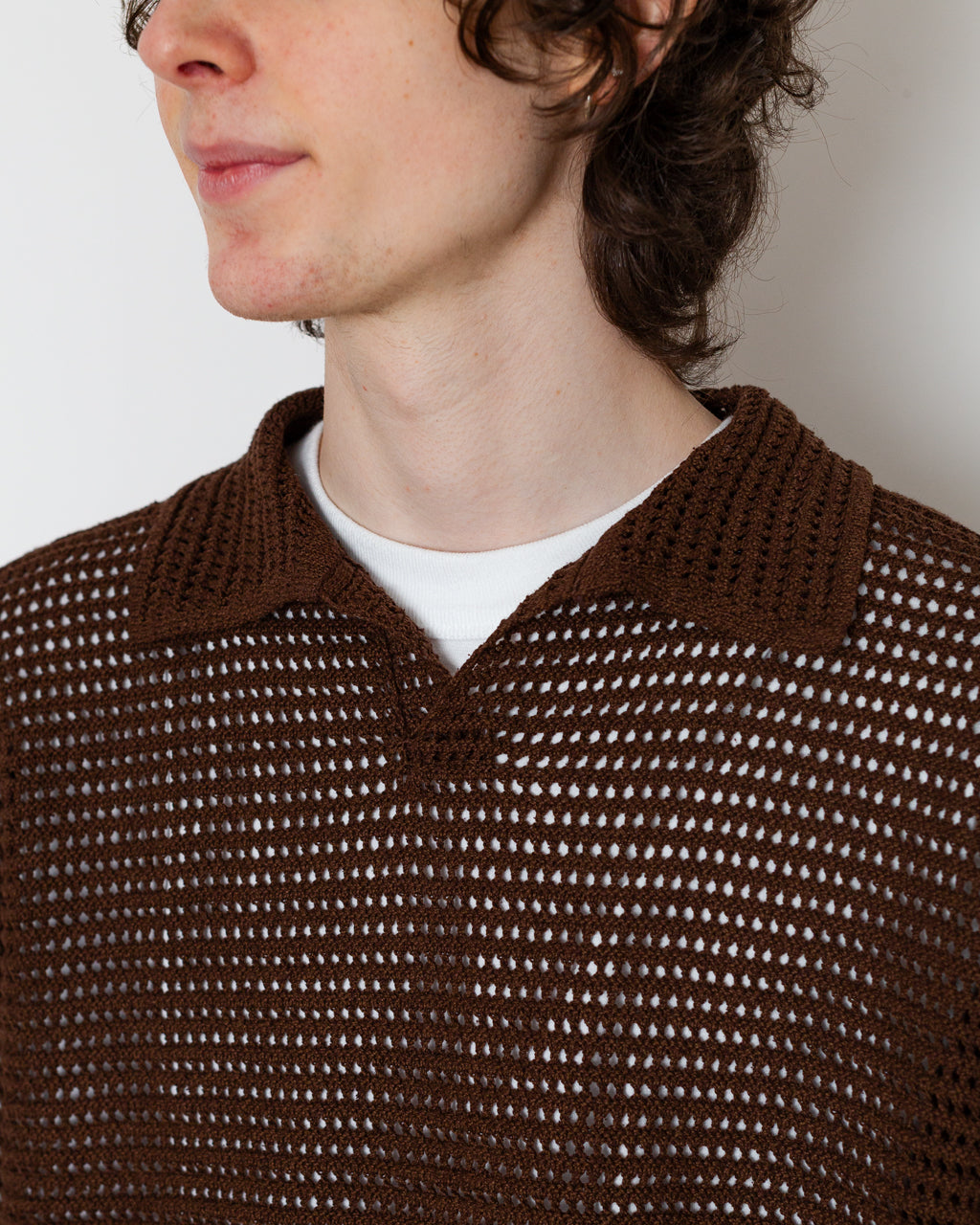 Tussah Silk Cotton Mesh Polo - Brown | Auralee | Peggs & son.