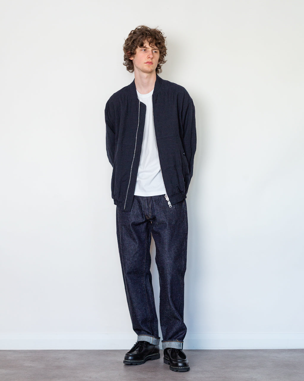 Tumble Washed Full Zip Short Jacket - Navy