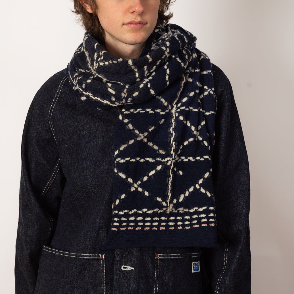 Fulling Wool HAPPY Scarf SASHIKO - Navy