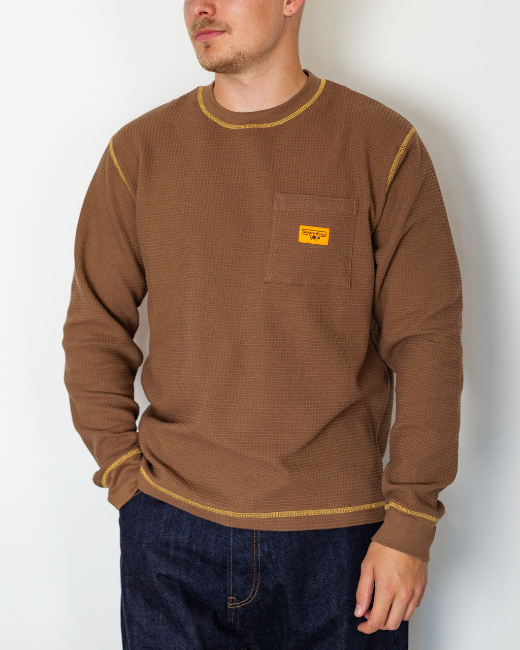 Waffle Contrast Thermal LS Tee - Brown/Yellow