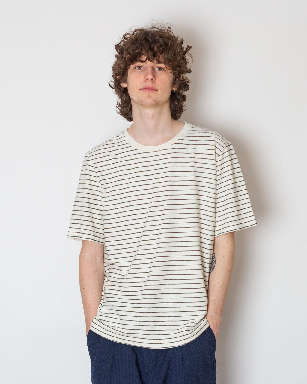 SS Textured Stripe Tee - Ecru Olive