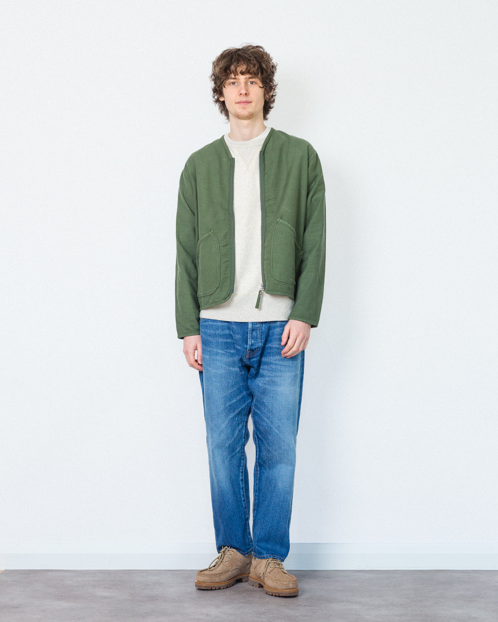 Zip Liner - Olive Slub Sateen | Universal Works | Peggs & son.