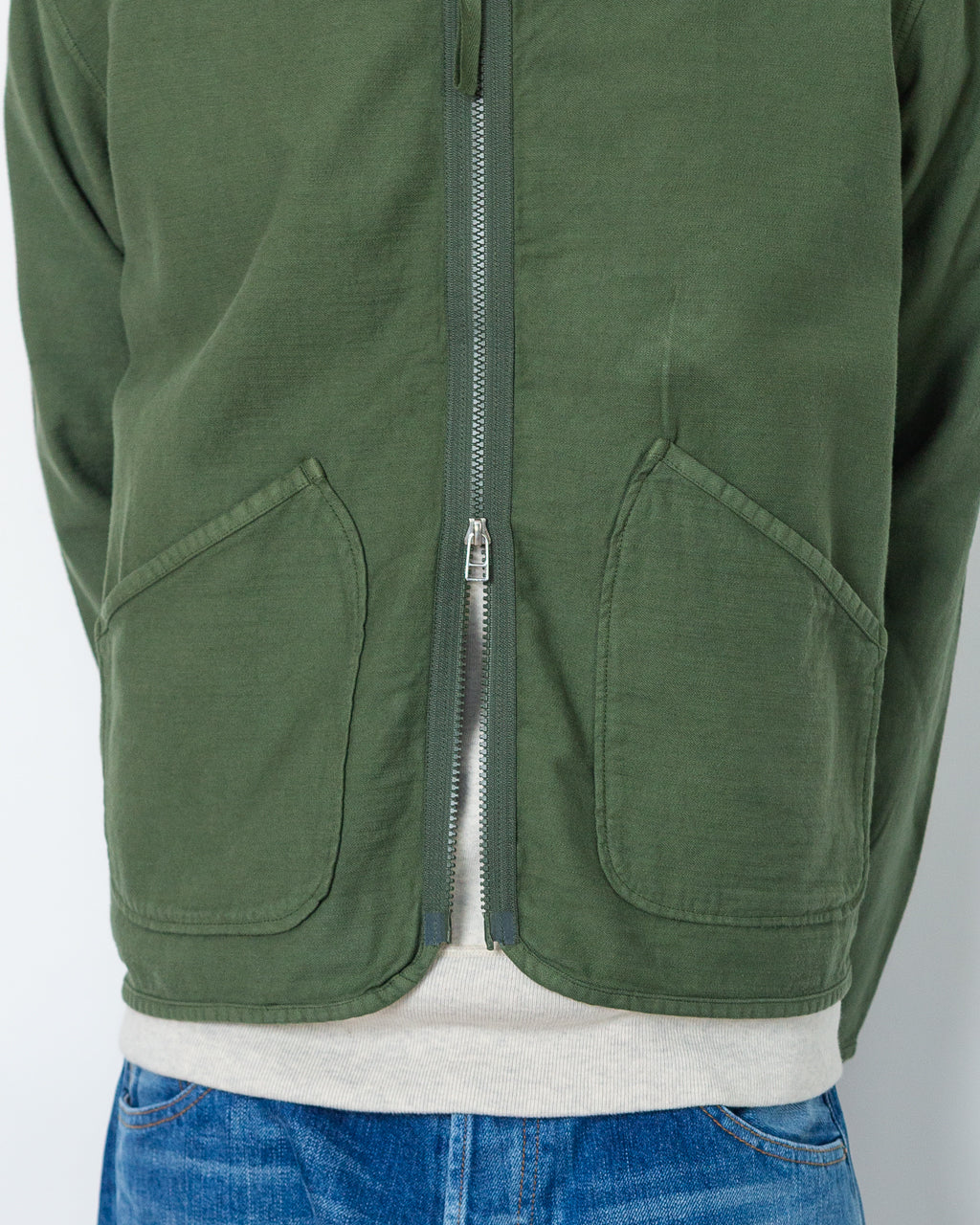Zip Liner - Olive Slub Sateen | Universal Works | Peggs & son.