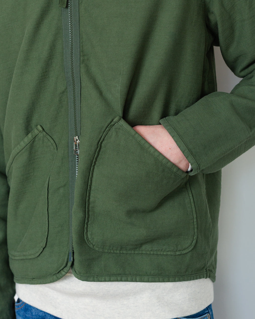 Zip Liner - Olive Slub Sateen | Universal Works | Peggs & son.