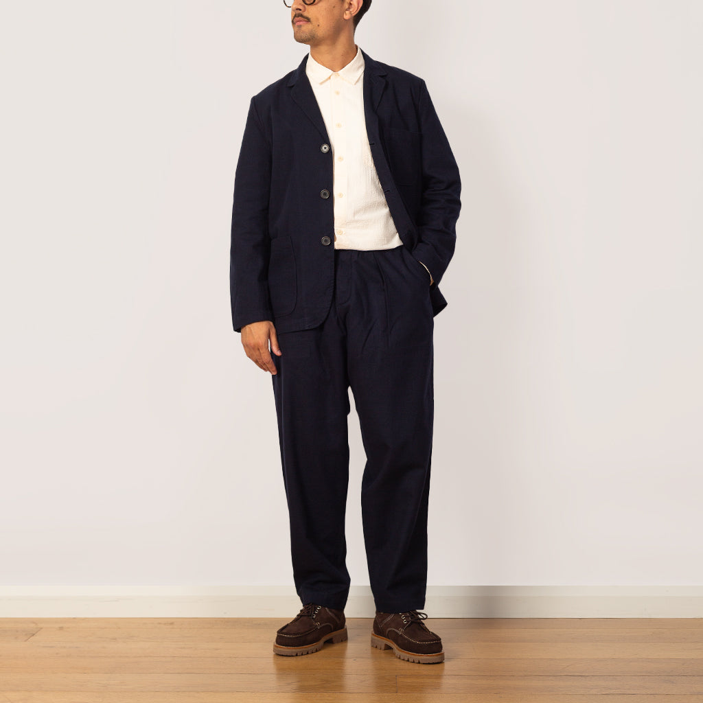 Pleated Track Pant - Navy Brushed Moleskin