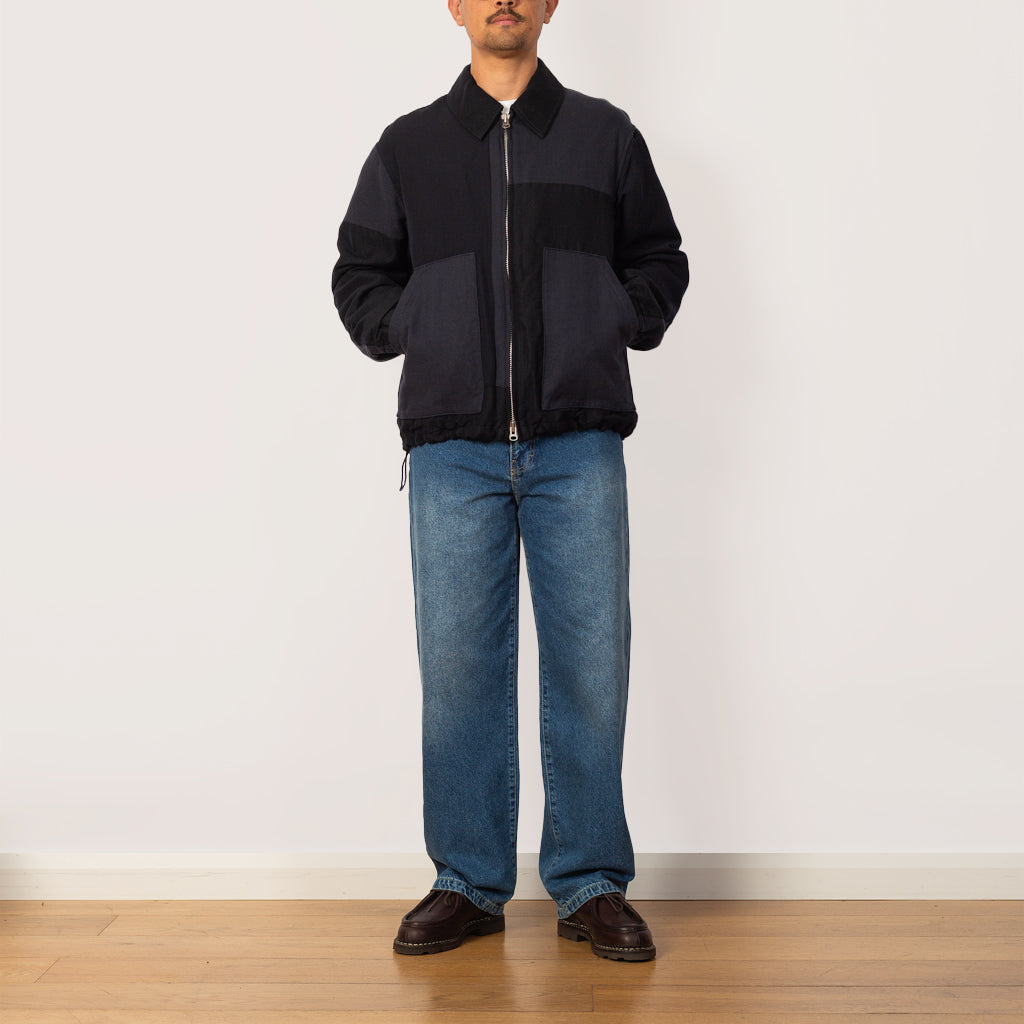 Multi Fabric Patchwork Zip Up Short Jacket - Navy