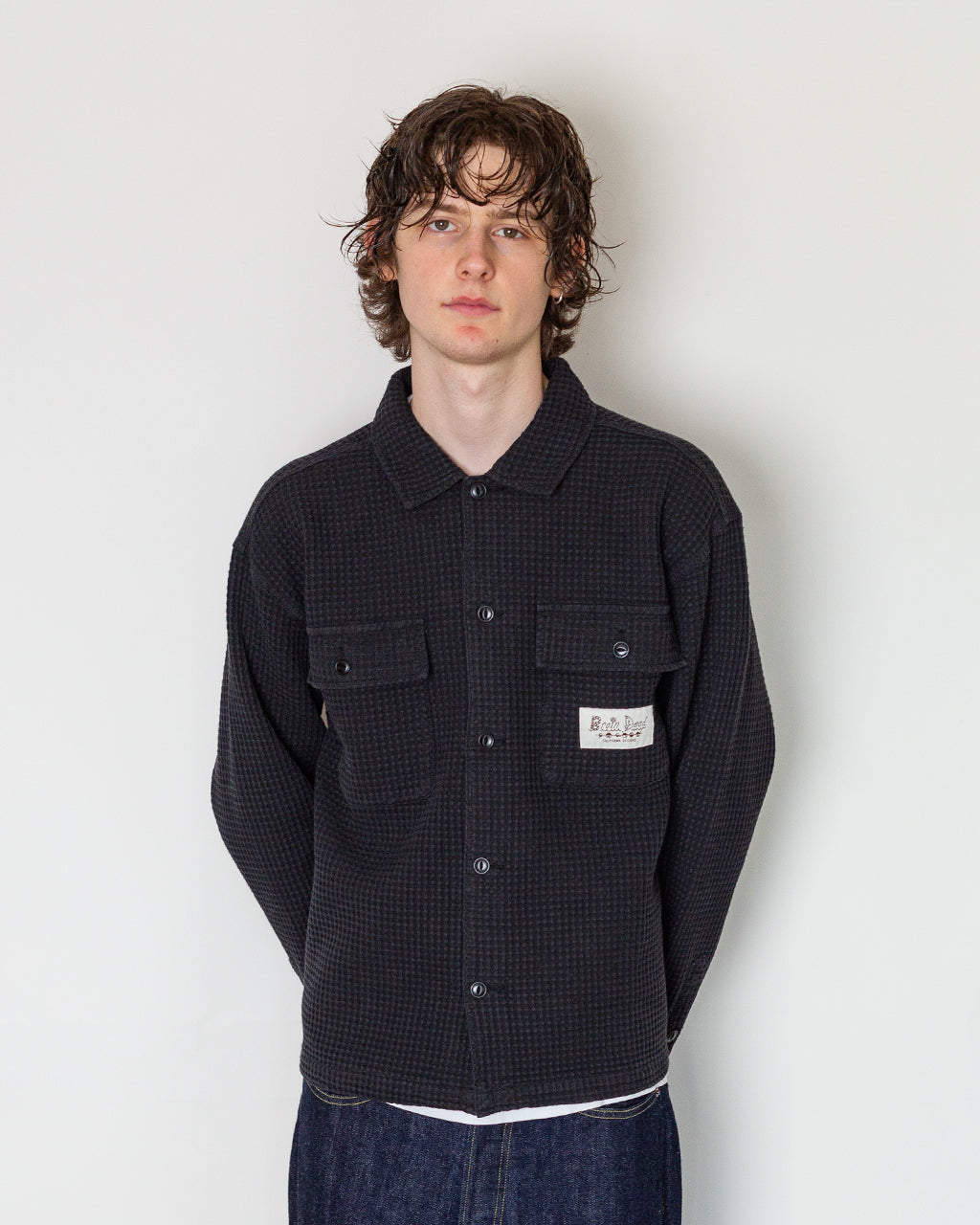 Waffle Button Front Shirt - Black