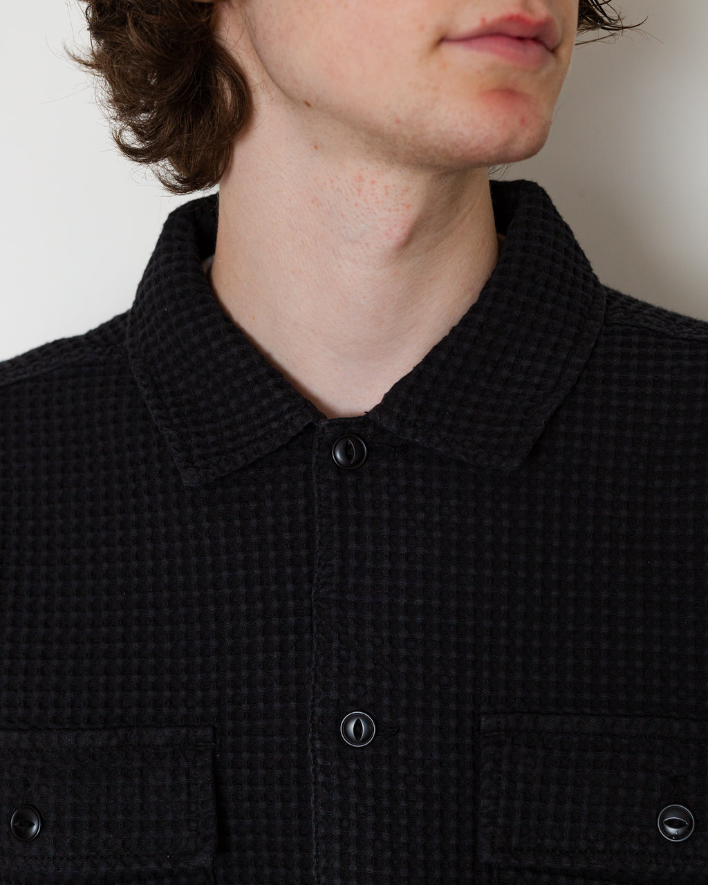 Waffle Button Front Shirt - Black