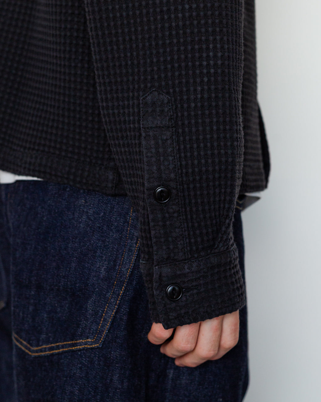 Waffle Button Front Shirt - Black