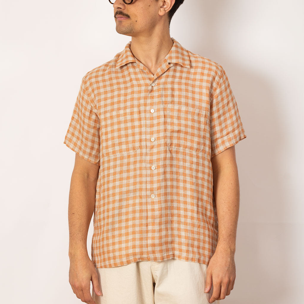 Open Collar Plaid Shirt - Orange