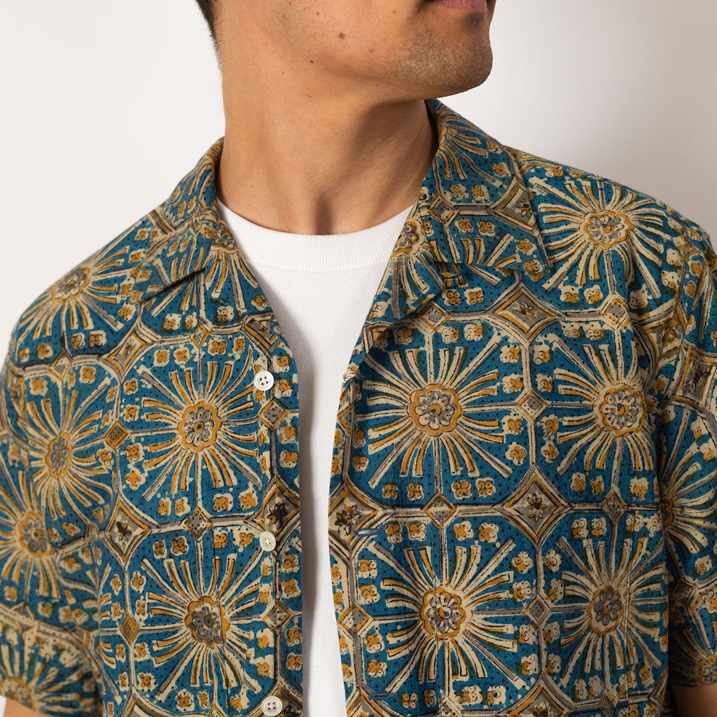 Open Collar Block Print Shirt Flower  - Blue