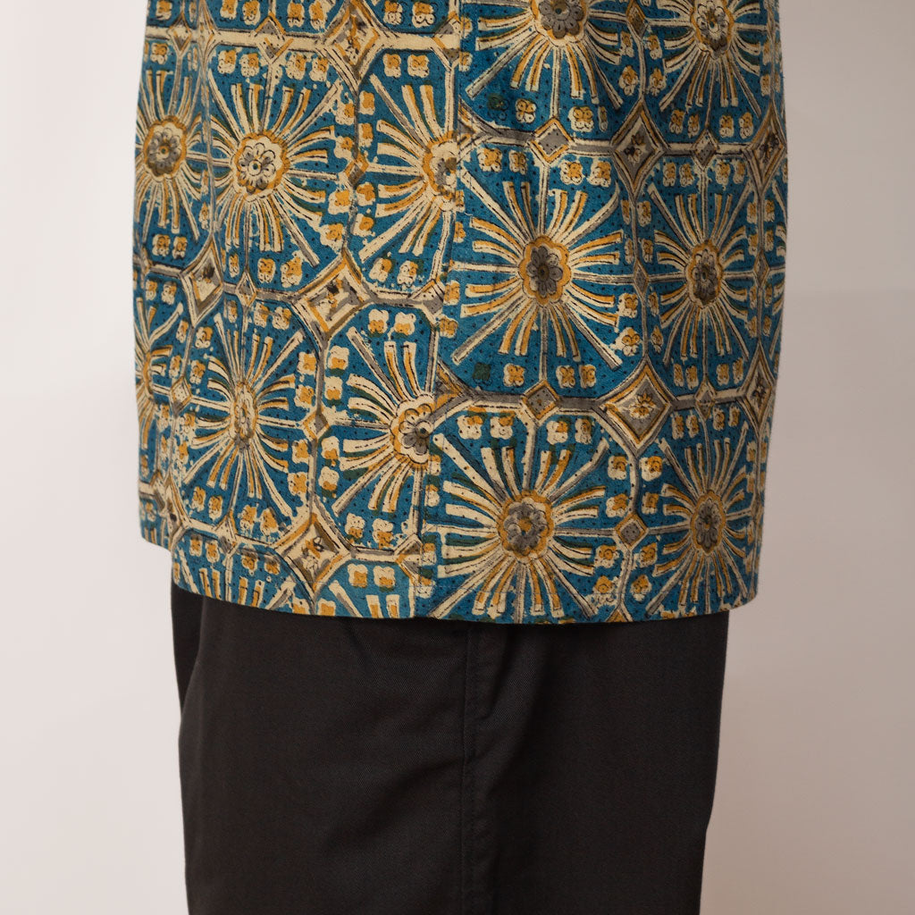 Open Collar Block Print Shirt Flower  - Blue