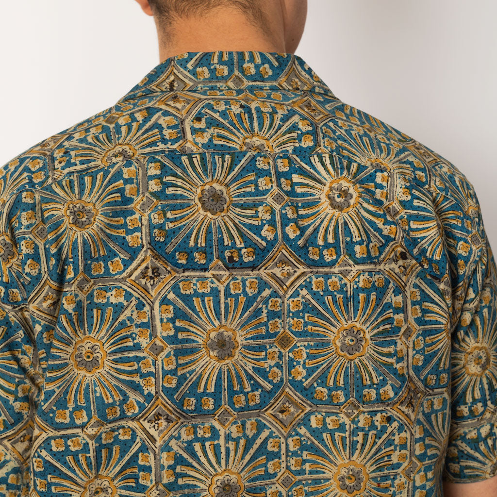 Open Collar Block Print Shirt Flower  - Blue