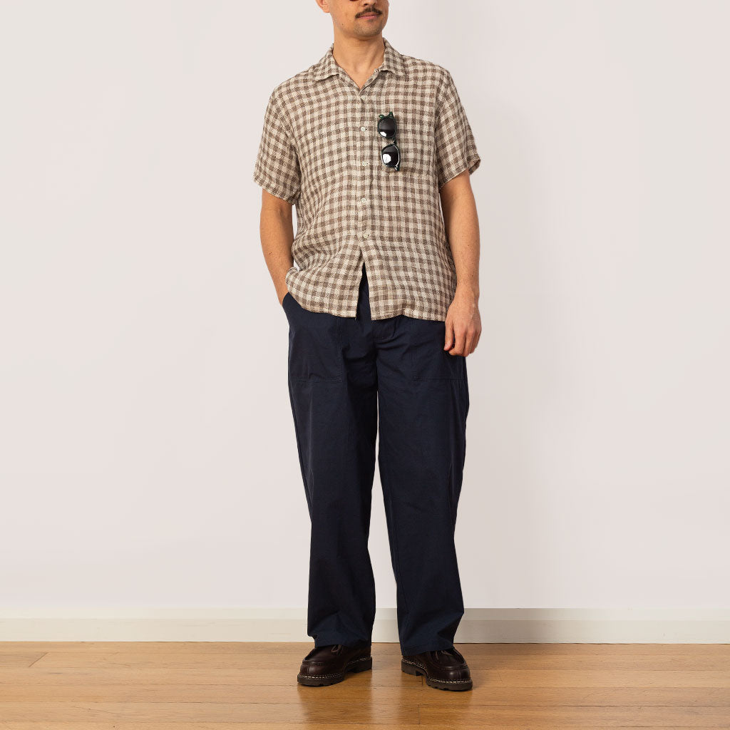 Open Collar Plaid Shirt - Brown