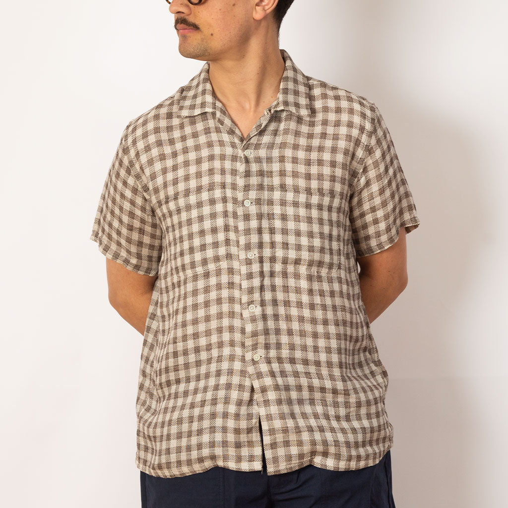 Open Collar Panama Plaid Linen - Brown