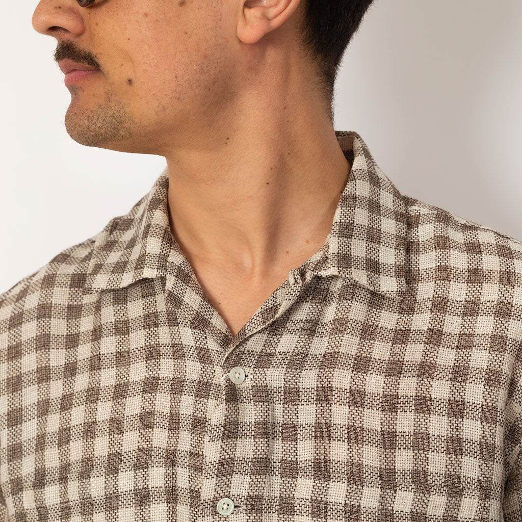 Open Collar Panama Plaid Linen - Brown