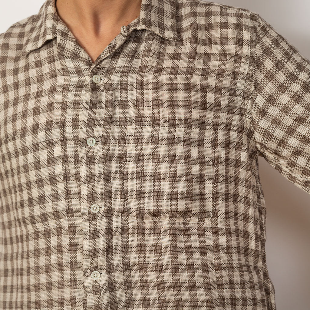 Open Collar Panama Plaid Linen - Brown